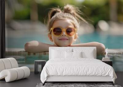 A cheerful child enjoying a sunny day by the pool, wearing stylish sunglasses. Wall mural