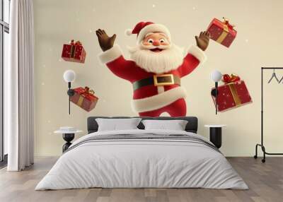 A cheerful Santa Claus jumps with joy, surrounded by floating gift boxes. Wall mural