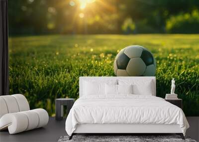 A close-up of a soccer ball resting on green grass, illuminated by soft sunlight. Wall mural