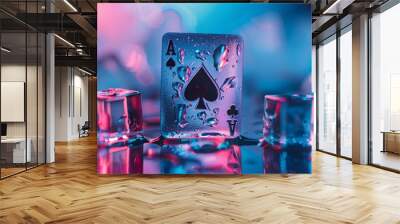 A close-up of an Ace of Spades playing card surrounded by ice cubes and water droplets. Wall mural