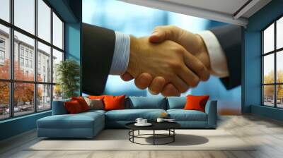 A close-up of two hands shaking, symbolizing agreement or partnership in a business context. Wall mural