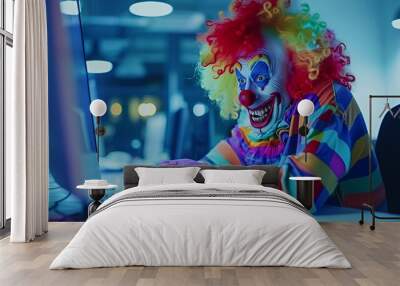 A clown typing on a computer in a colorful outfit, creating a surreal atmosphere. Wall mural