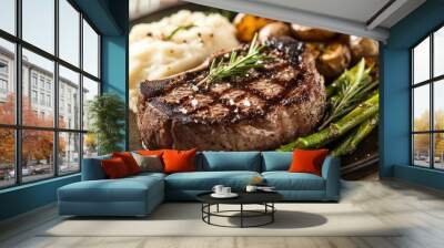 A delicious plate featuring grilled steak, mashed potatoes, roasted potatoes, and asparagus. Wall mural