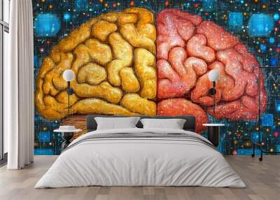 A digital illustration of a brain split into two halves, one orange and one red, symbolizing duality. Wall mural