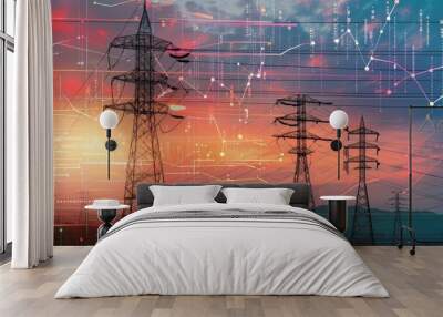 A digital overlay of power lines against a sunset, symbolizing energy and technology. Wall mural