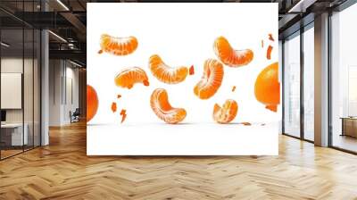 A dynamic arrangement of oranges and segmented pieces against a white background. Wall mural