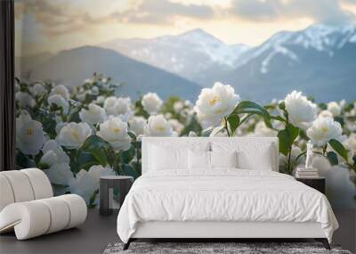 A field of white camellias blossoms in full bloom, with a mountain range in the background and a soft, golden sunset light. Wall mural