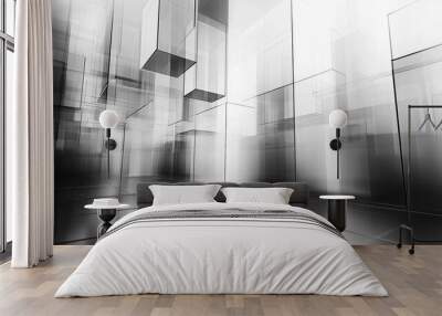 A futuristic, abstract space with transparent geometric shapes and reflective surfaces. Wall mural