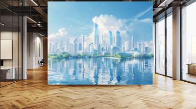 A futuristic cityscape reflecting in serene waters under a bright sky. Wall mural