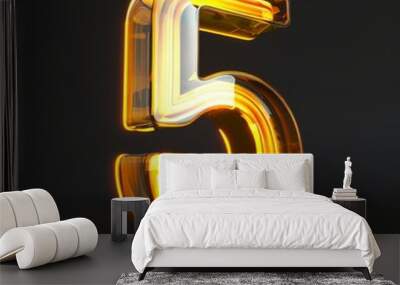 A glowing, transparent number 5 with a yellow hue against a dark background. Wall mural