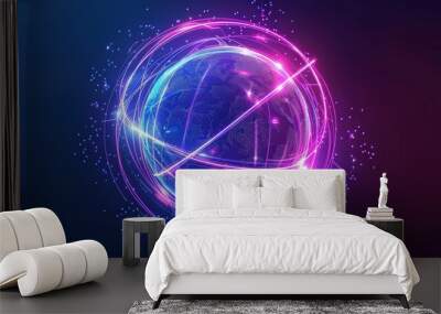 A glowing blue and pink digital earth orb surrounded by light trails Wall mural