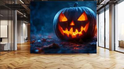 A glowing jack-o'-lantern with a spooky expression, set against a misty backdrop. Wall mural