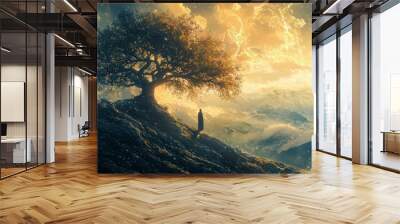 A lone figure stands beneath a large tree on a mountainside, looking out at a vast, golden sky filled with clouds and sparkling lights. Wall mural