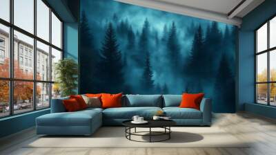 A misty forest at night with a full moon shining through the clouds, creating an ethereal atmosphere. Wall mural