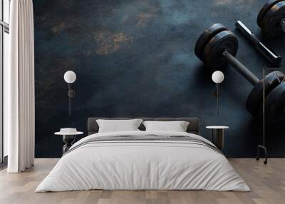 A pair of dumbbells on a textured surface, symbolizing fitness and strength training. Wall mural