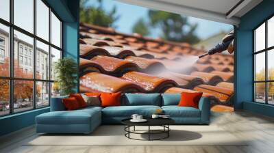 A person cleaning a tiled roof with a pressure washer on a sunny day. Wall mural