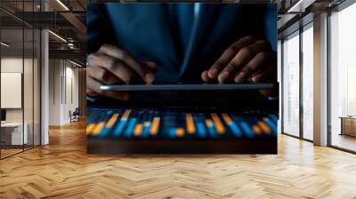 A person in a suit using a tablet over a report with data visualizations. Wall mural