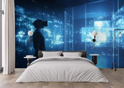 A person wearing a virtual reality headset stands in front of a blue glowing digital interface. Wall mural