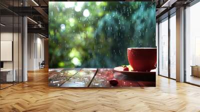 A red teacup on a wooden table in the rain. The raindrops create a beautiful bokeh effect in the background. Wall mural