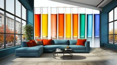 A row of colorful test tubes filled with liquids, showcasing various colors for experimentation. Wall mural