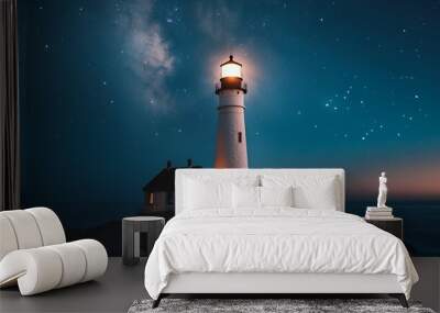 A serene lighthouse illuminated under a starry sky by the ocean. Wall mural