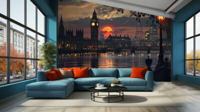 A serene sunset view over the Thames, featuring iconic London landmarks. Wall mural