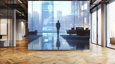 A silhouette of a person in a modern office with a cityscape backdrop. Wall mural