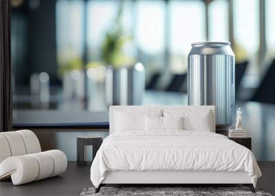 A silver can on a conference table with blurred cans in the background. Wall mural