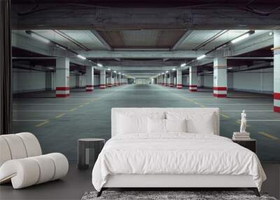 A spacious underground parking lot with illuminated areas and marked parking spaces. Wall mural