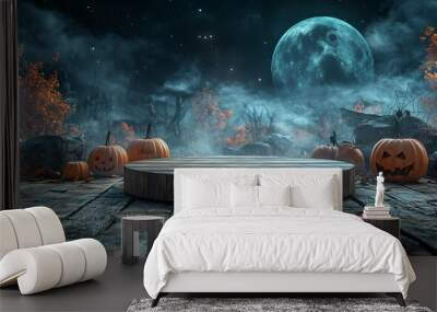 A spooky Halloween scene featuring pumpkins, a wooden platform, and a full moon. Wall mural