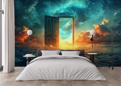 A surreal scene featuring an open door amidst a vast ocean under a starry sky. Wall mural