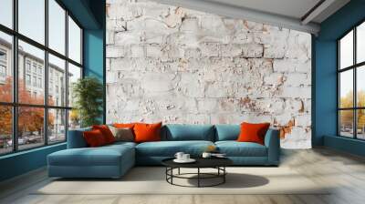 A textured wall with peeling white paint and exposed bricks, showcasing wear and age. Wall mural