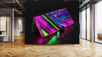 A vibrant, futuristic wallet design featuring neon colors and geometric patterns. Wall mural