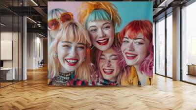 A vibrant group of five smiling friends posing together, showcasing colorful hairstyles and outfits. Wall mural