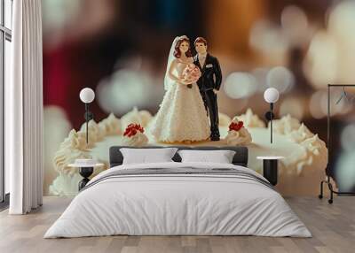 A wedding cake topped with a bride and groom figurine, symbolizing celebration and love. Wall mural