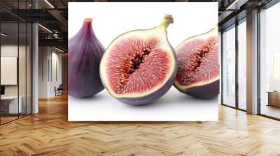 A whole fig and two halves of a fig on a white background. Wall mural