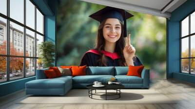 A young woman in a graduation gown and cap smiles and points up. Wall mural