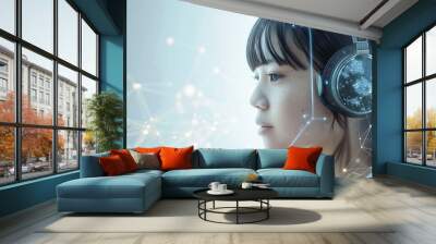 A young woman wearing headphones with a glowing earth illustration on them, looking thoughtfully off to the side with a soft, blue background. Wall mural