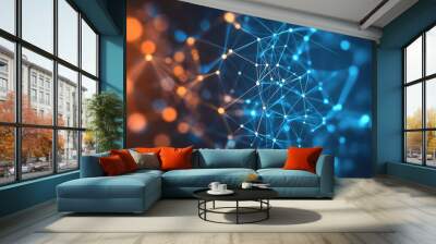 Abstract blue and orange digital network with glowing dots. Wall mural