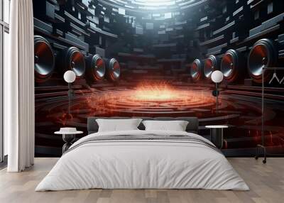 Abstract futuristic room with red glowing lights and loudspeakers on the walls. Wall mural