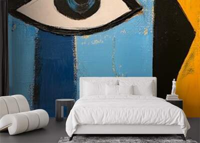 Abstract painting with a close-up of a blue eye and black, blue and yellow hues. Wall mural