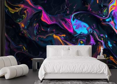 Abstract Swirling Iridescent Liquid on Black Background Wall mural