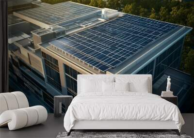 Aerial view of a modern building with solar panels on the roof. Wall mural