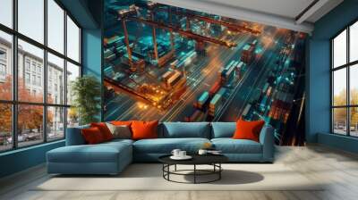 Aerial view of cargo containers being loaded at a busy shipping port at night. Wall mural