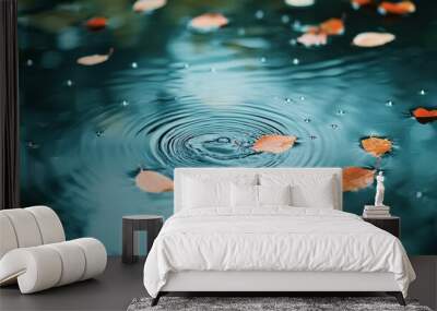 Autumn Leaves Floating on a Still Pond Wall mural