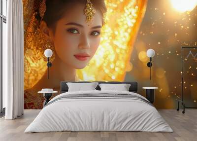 Beautiful woman with golden jewelry and a red and gold sari. Wall mural