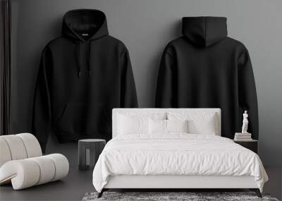 Black hoodie mockup with front and back views, isolated on grey background. Wall mural