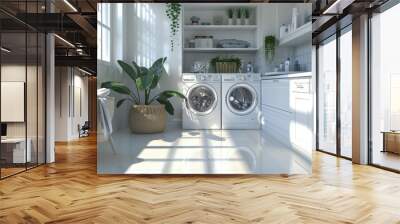 Bright and airy laundry room with white cabinets, a large window, and two washing machines. Wall mural