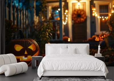 Close-up of a glowing jack-o-lantern on a cobblestone pathway in front of a house decorated for Halloween. Wall mural