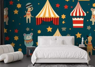 Cute and Whimsical Circus Animal Friends Under the Stars Wall mural